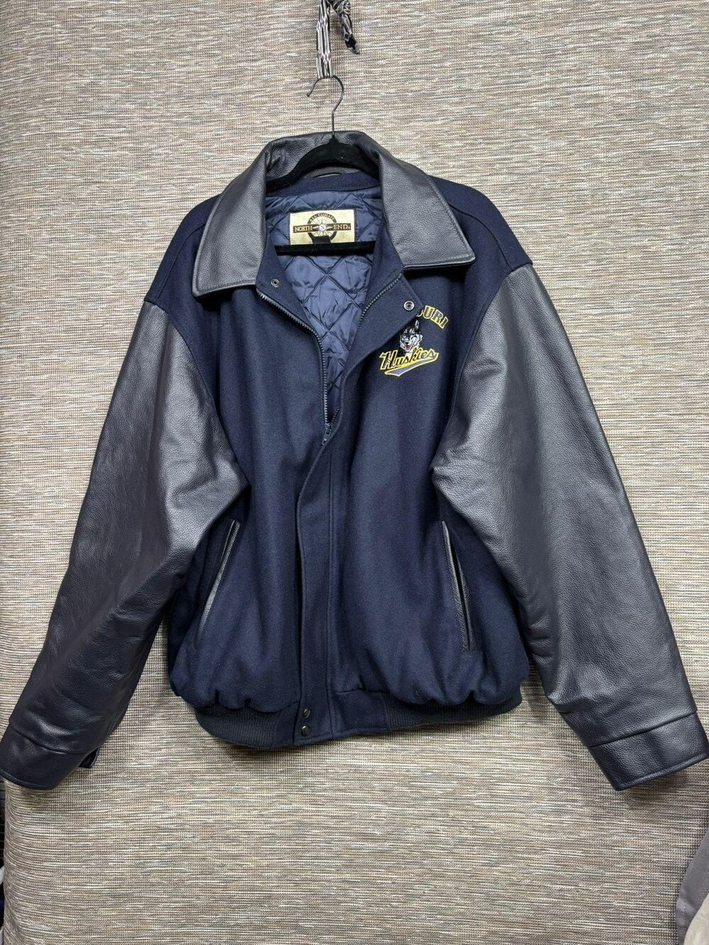 Missouri Huskies Jacket Mens 2XL Blue Leather Sleeve North End Varsity Coat